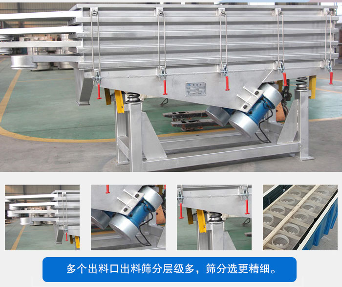 多層直線振動(dòng)篩結(jié)構(gòu)優(yōu)勢：出料口多層選擇，振動(dòng)電機(jī)，震動(dòng)彈簧減輕振動(dòng)體的磨損，彈跳球和擋球環(huán)。